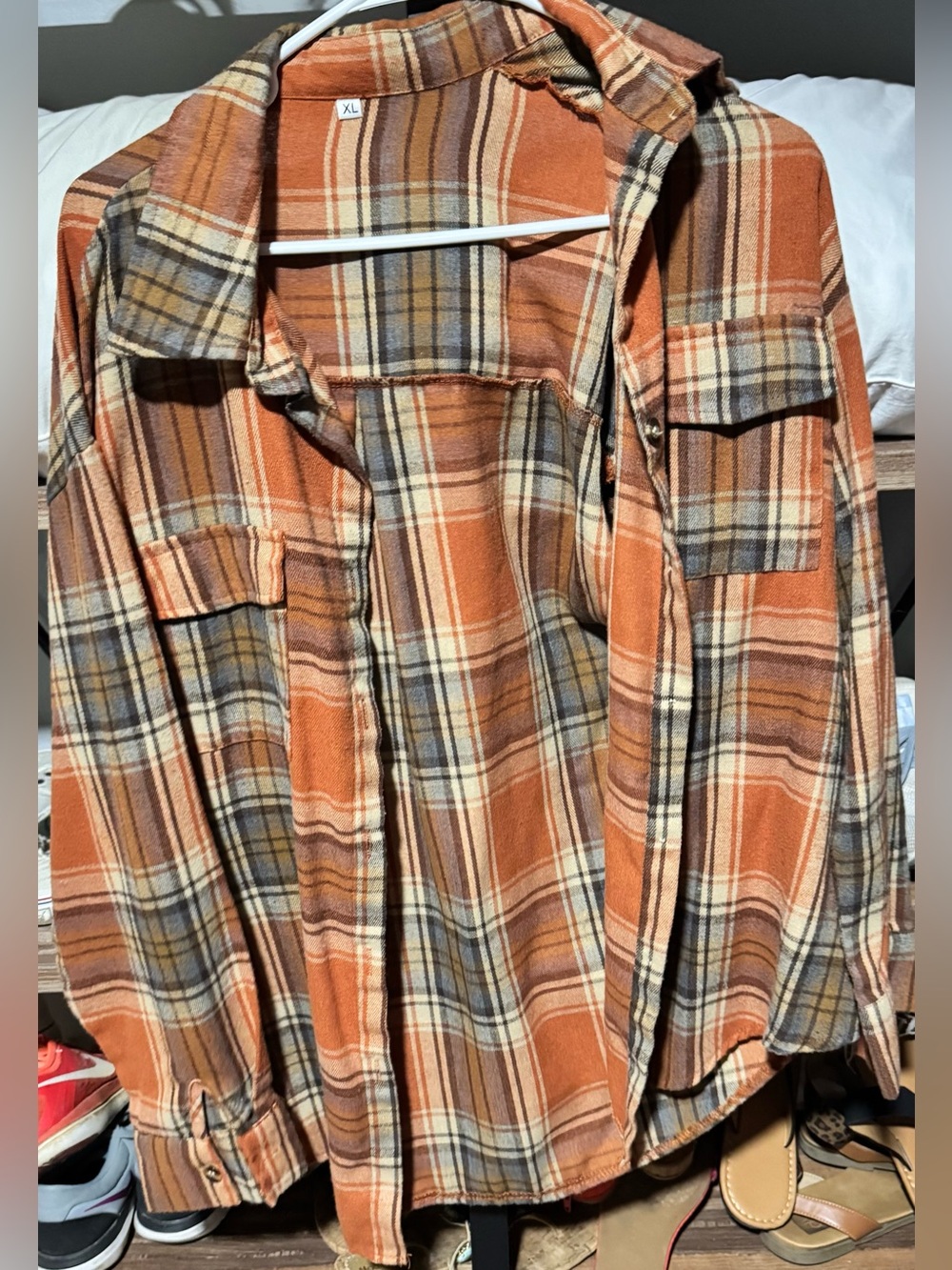 SHEIN Orange Plaid Button Down Shirt with Beige and Gray Stripes